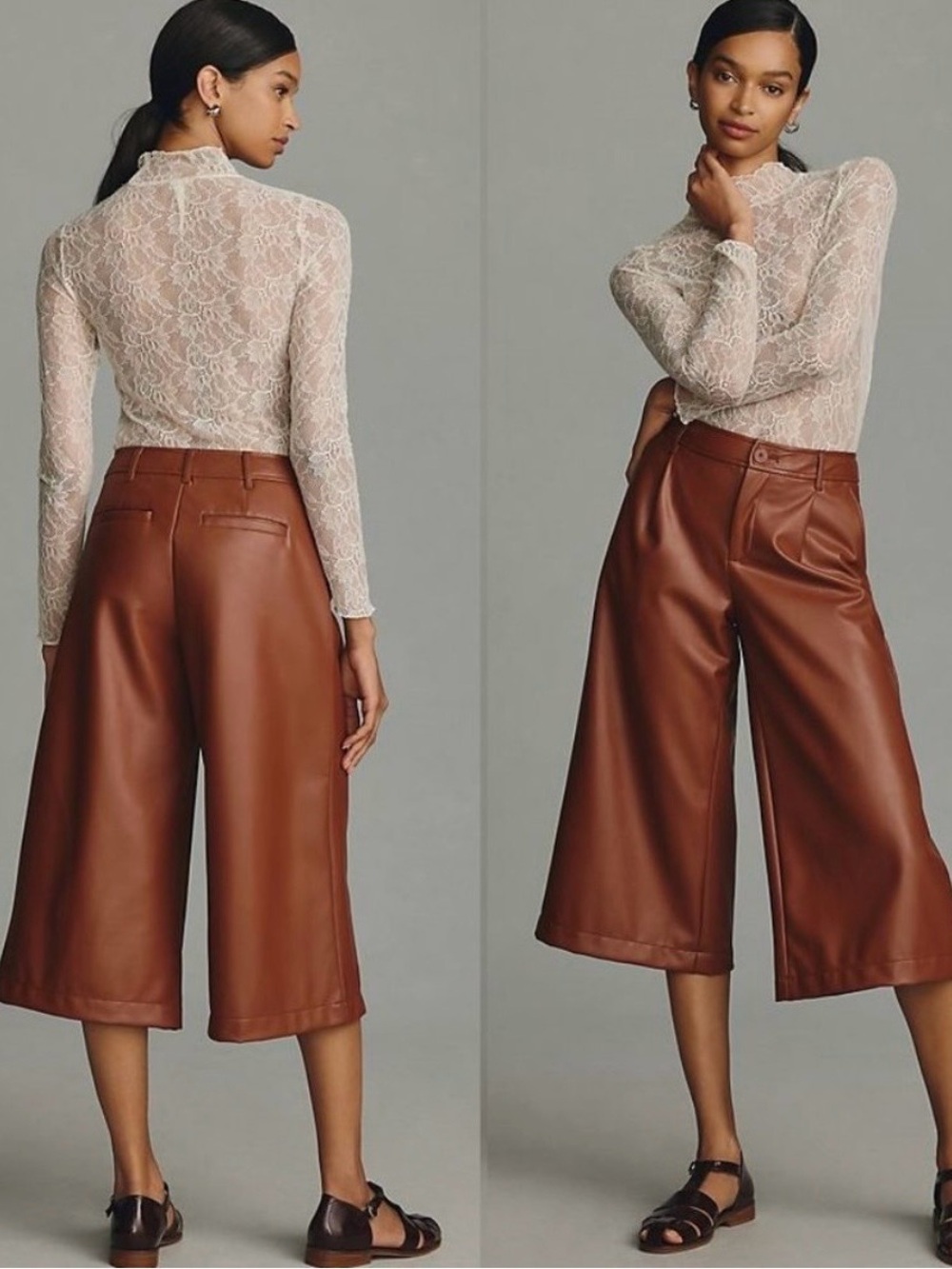 NWT Anthropologie Brown Faux Leather Wide Leg Culotte Pants High Rise Sz 6 Tall